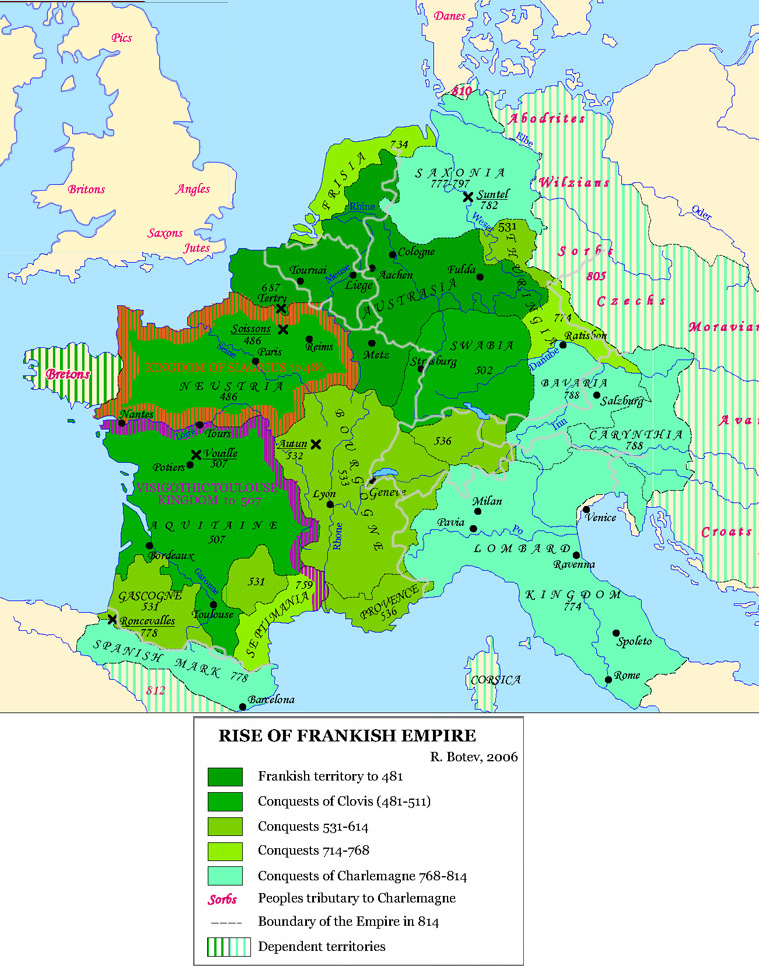 Carte de l'expansion de l'empire des Francs de la patrie franque