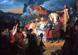 Charlemagne subdues Widikund, leader of the Saxons, at Paderborn