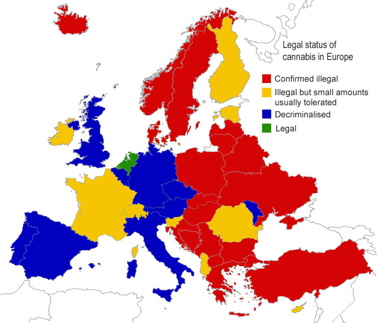 Map of cannabis laws by country in Europe