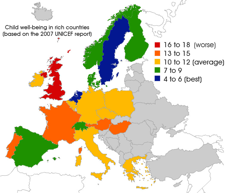 Map of the quality of child well-being by country in Europe