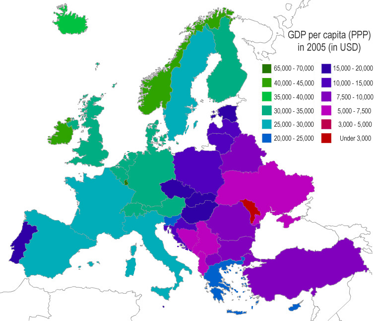 Map of GDP per capita at PPP by country in Europe