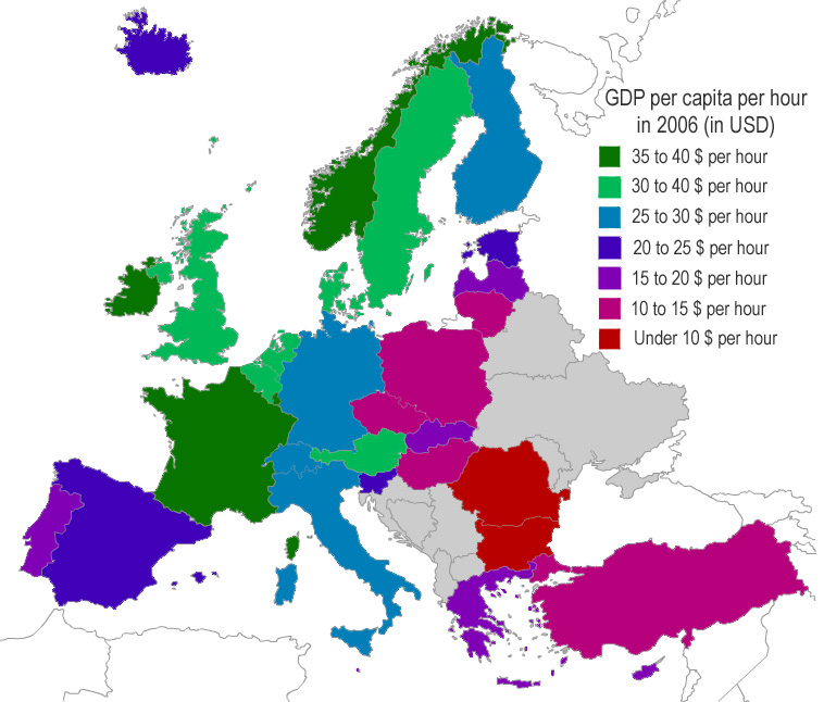 Map of productivity by country in Europe