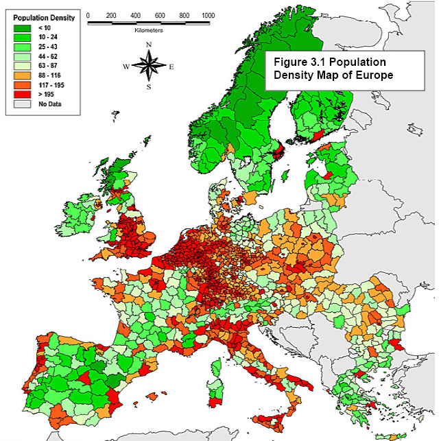 Map of Europe by density of population