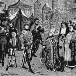 The bishop begging Clovis to return the Vase of Soissons (15th century engraving)