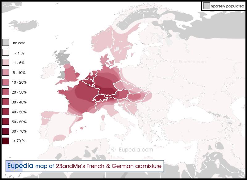 Distribution of the French & German admixture in and around Europe