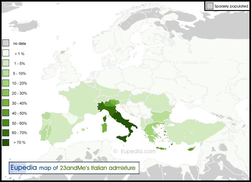 Distribution of the Italian admixture in and around Europe