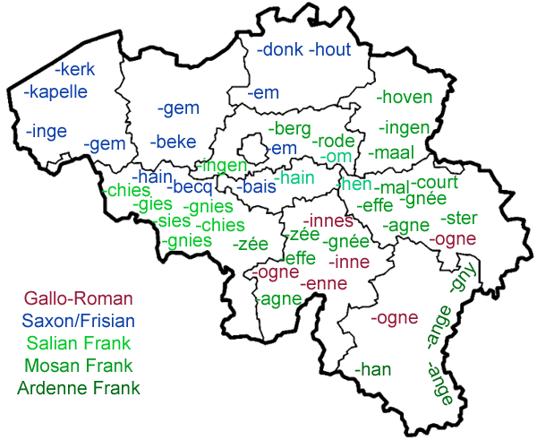 Map of toponymic suffixes in Belgium