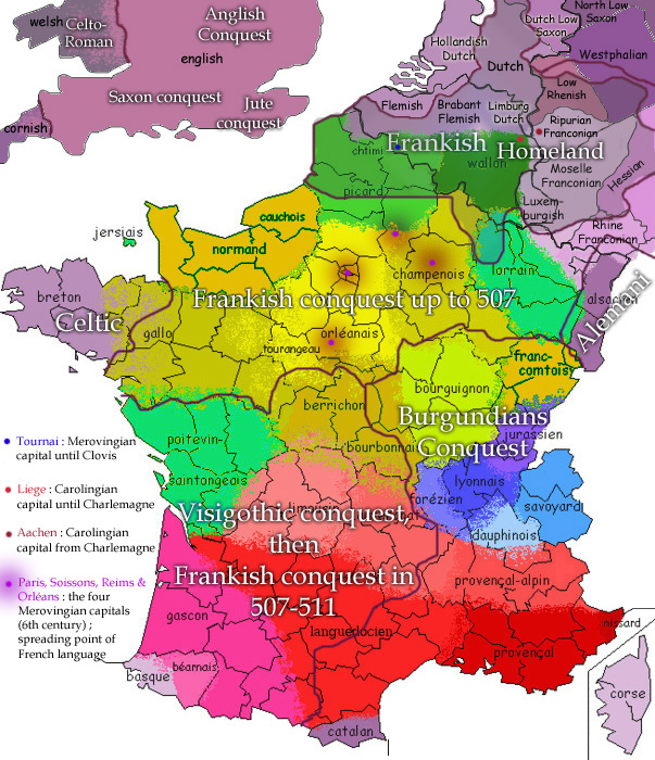 Map of the French and Germanic dialects compared to the Frankish homeland