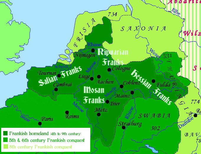 Carte de la patrie franque à la fin de l'Antiquité et au début du Moyen Age