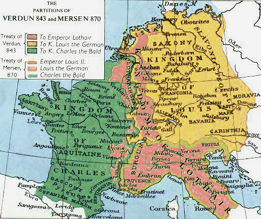 Map of the Frankish Empire, and partitions of 843 and 870