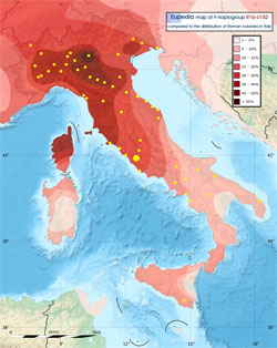 Mappa di distribuzione del'aplogruppo Y-DNA R1b-U152 (S28) in Italia rispetto alla posizione di colonie fondata dagli antichi romani